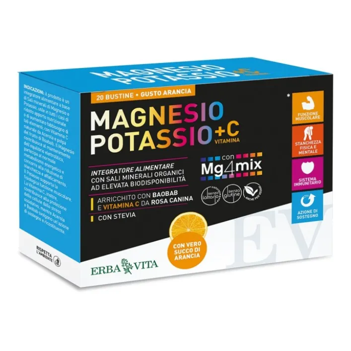 Erba Vita Magnesio e Potassio + Vitamina C Gusto Arancia 20 bustine - Integratore Alimentare
