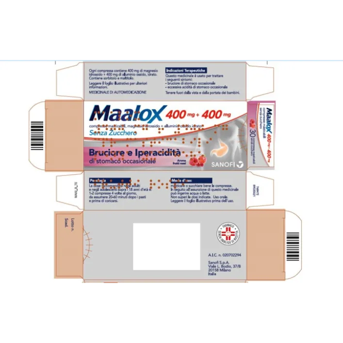 Maalox Senza Zucchero 400 mg + 400 mg Antiacido Aroma Frutti Rossi 30 Compresse Masticabili