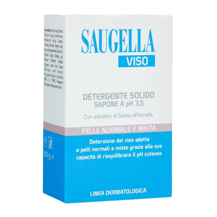 Saugella Viso Ph 3.5 Detergente Solido Con Estratti Di Salvia E Frumento Per Pelli Delicate 100 grammi